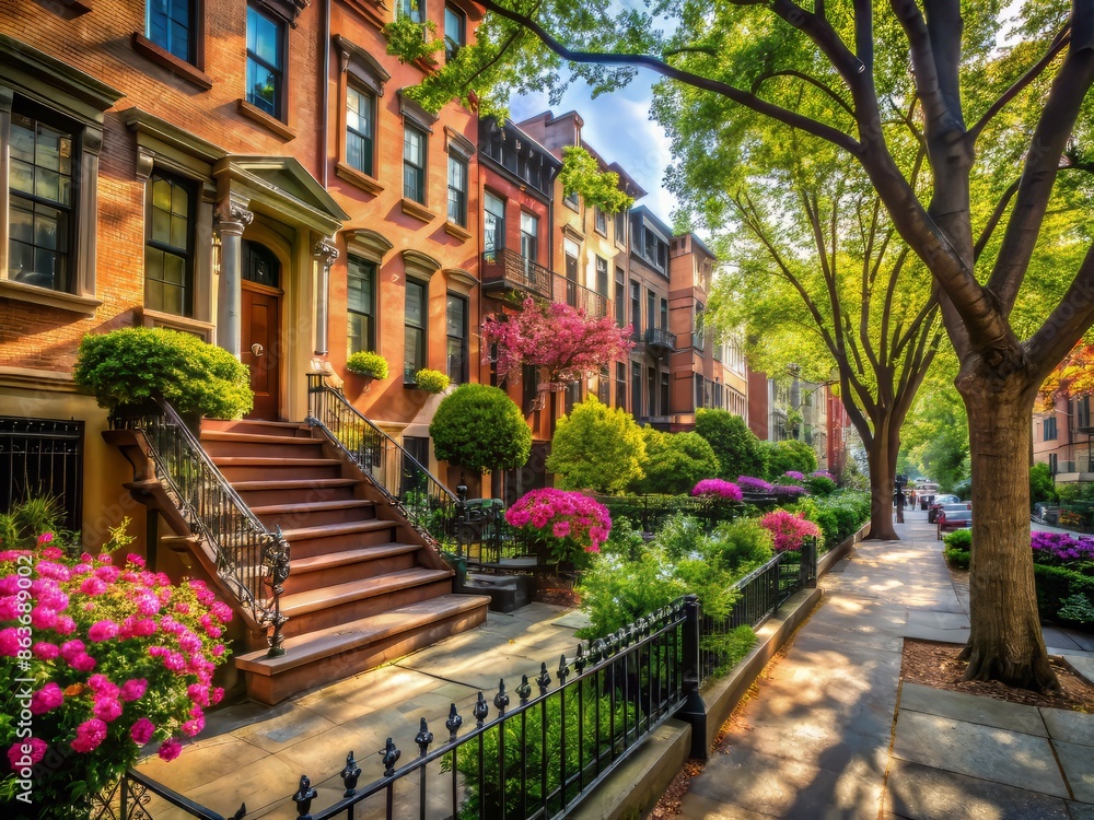Vibrant summer scene of a quaint NYC residential street near a beautiful brownstone house with a blooming garden and a tree-lined sidewalk. Vibrant summer scene of a quaint NYC residential street near a beautiful brownstone house with a blooming garden and a tree-lined sidewalk.
