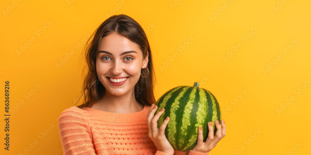 beautiful and smiling girl with watermelon on a solid yellow background beautiful and smiling girl with watermelon on a solid yellow background