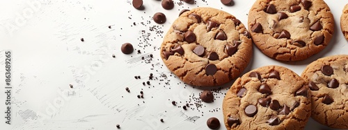  A pile of chocolate chip cookies on a white table, nearby rests another pile of chocolate chips, both situated on the same white surface