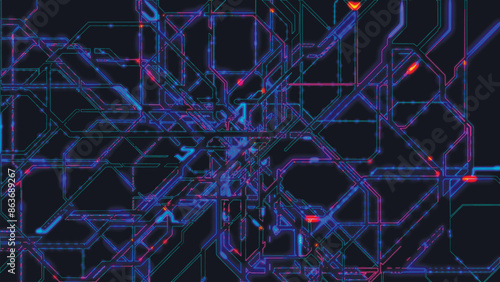 Abstract background of electronic subway map, neon lines move along a given route and create schematic animation. Transport interchange. Abstract multi-colored intersecting lines. 3D Vector