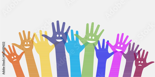 Color hand up. people's hands with happy and sad expressions. Voluntary help. The concept of togetherness, unity and community. Social gathering, election and teamwork. Vector
