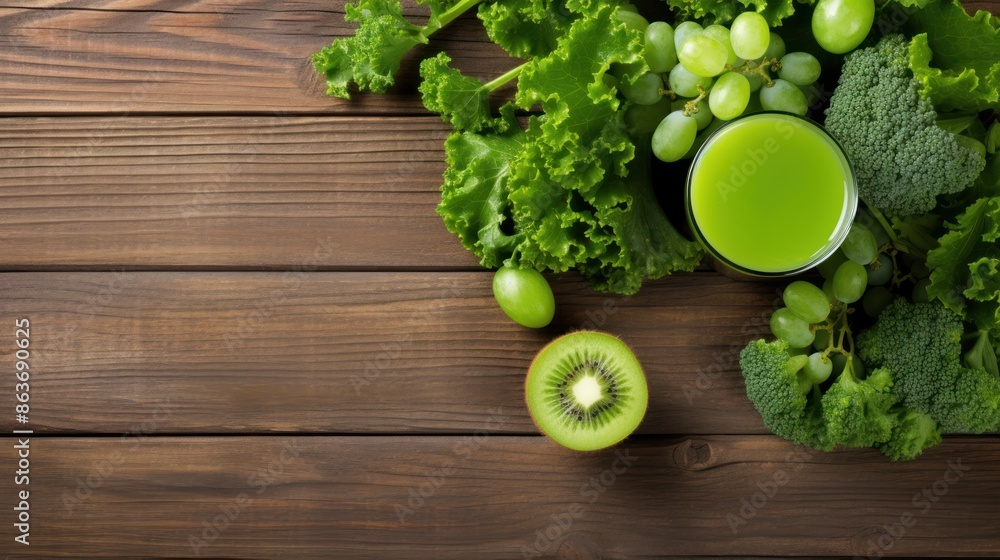 Top view of broccoli, green apple, kale and green grapes. Top view of broccoli, green apple, kale and green grapes.