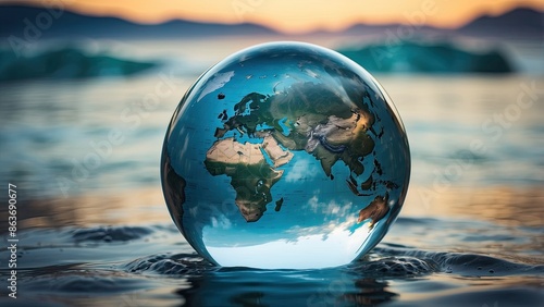 A glass ball with the world on it on water