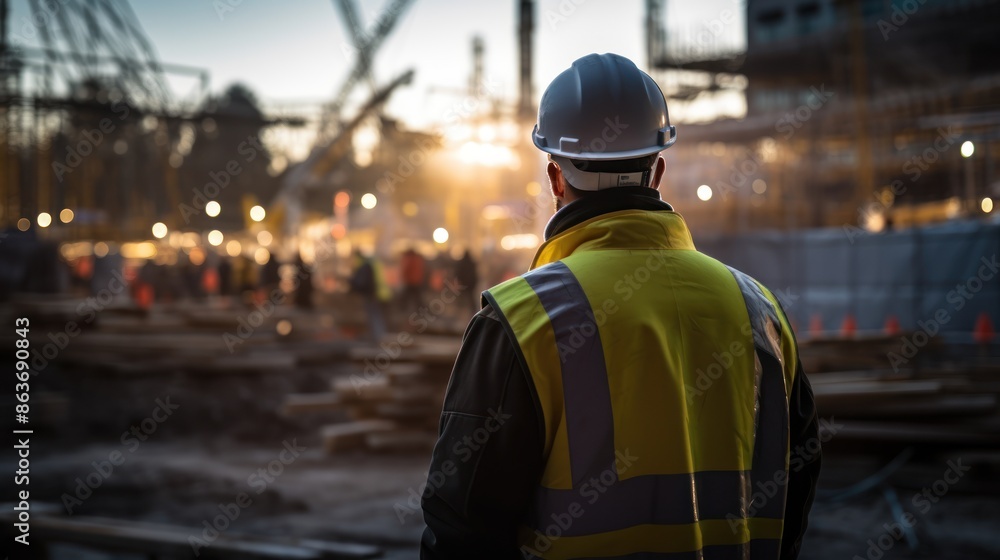 View from behind, A civil engineer stands looking at the construction site. View from behind, A civil engineer stands looking at the construction site.