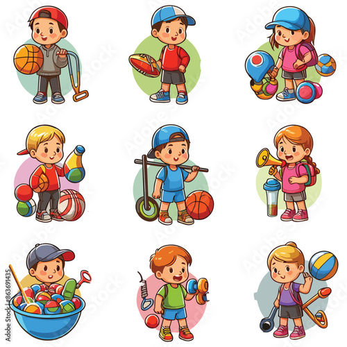 create a Vector illustration collection of kids and sport equipments in circle with white background 