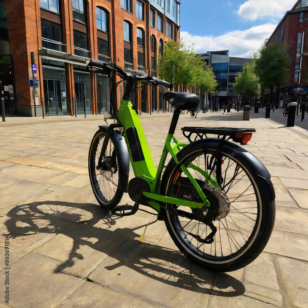 Fototapeta premium Leeds England: 3rd June 2024: Leeds City Bikes. An electric bike parked and ready for hire. Green urban travel