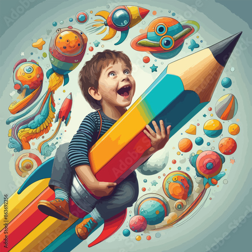 A funny child holding onto a colorful pencil like a rocke