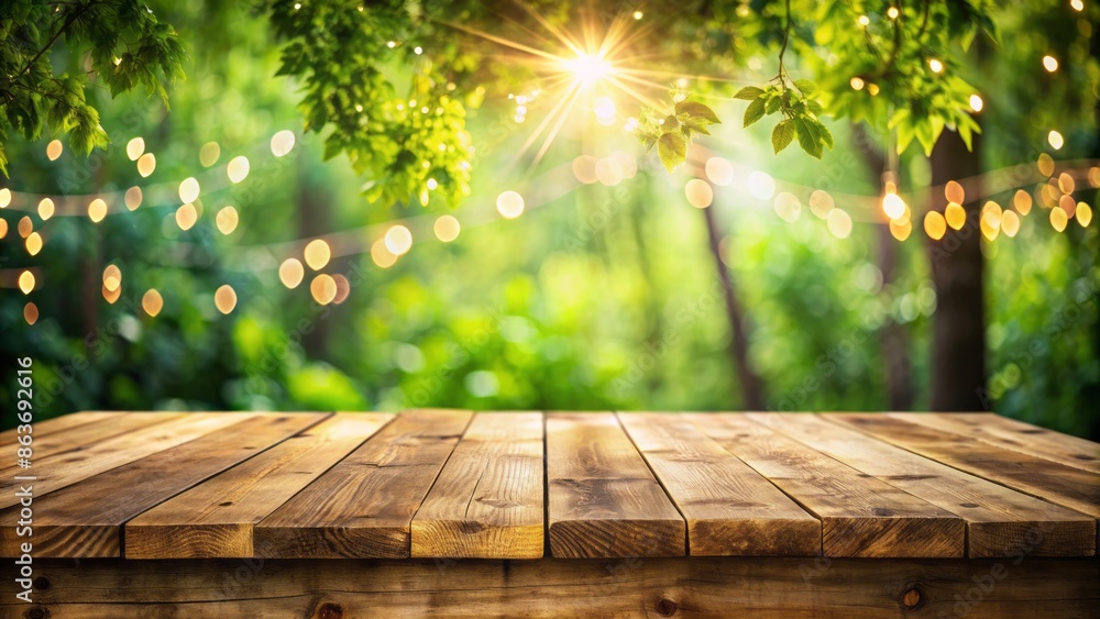 Rustic wooden table amidst blurred lush green trees and bokeh lights in a serene spring or summer outdoor setting, perfect for food and product display. Rustic wooden table amidst blurred lush green trees and bokeh lights in a serene spring or summer outdoor setting, perfect for food and product display.
