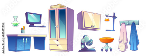 Science research lab room interior cartoon vector. Medical or chemical experiment equipment isolated station set. Chemist beaker flask, computer screen, table and microscope tool 2d workspace design