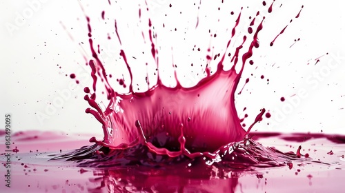 Vibrant crimson liquid forms a crown-like splash against white background. Central impact creates symmetrical spikes radiating outward. Droplets separate from main body, suspended in mid-air.  photo