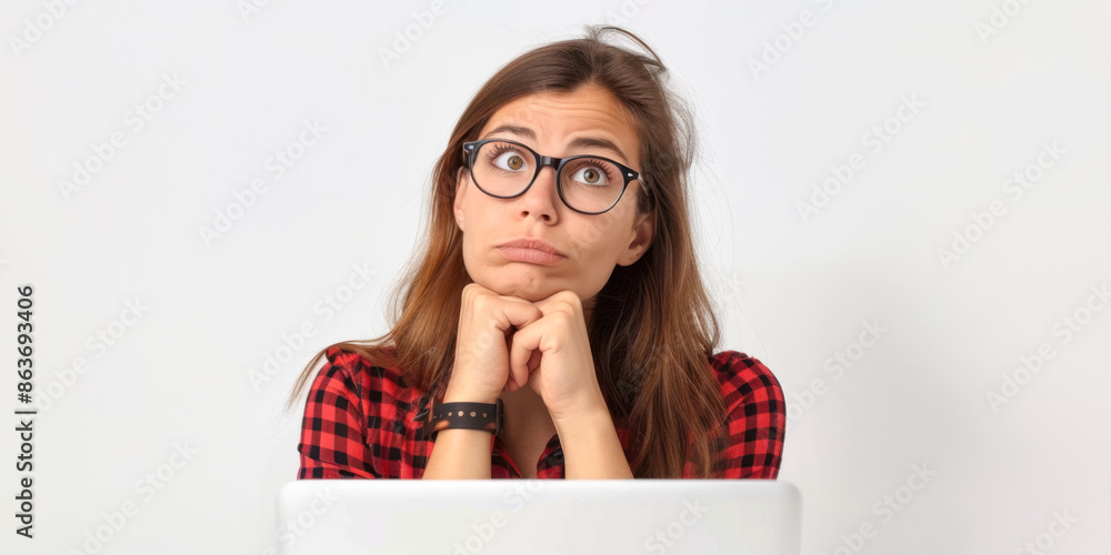 pensive girl with laptop on solid white background pensive girl with laptop on solid white background