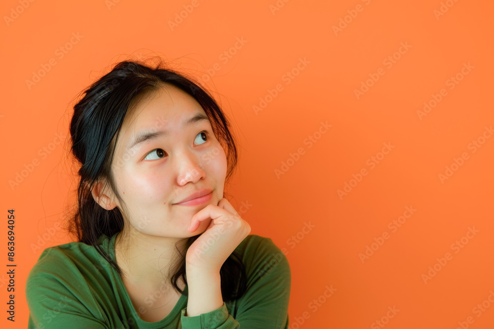 Pensive woman in green t-shirt on solid orange background Pensive woman in green t-shirt on solid orange background
