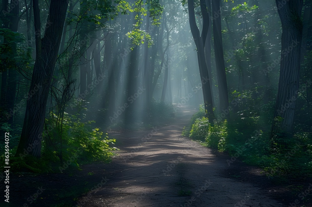 Obraz premium A path in the forest lined with tall, beautiful trees in the sunlight