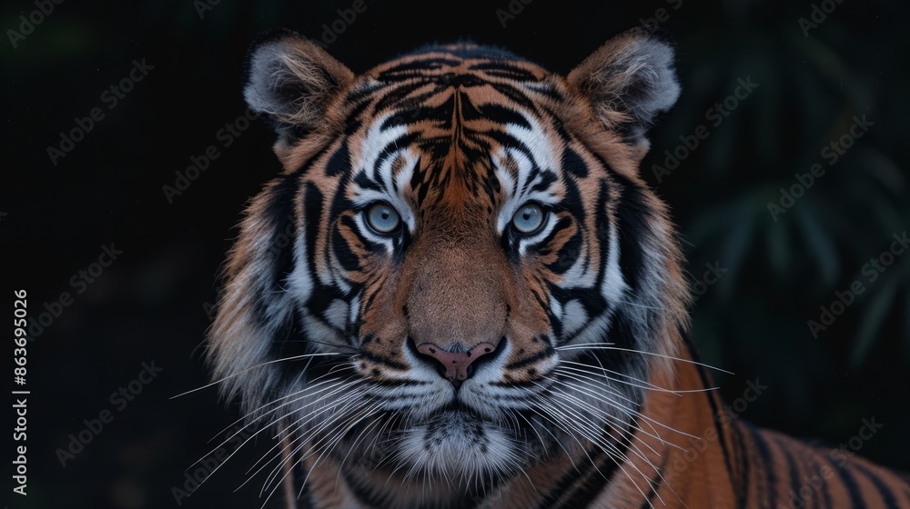 Close-up portrait of a tiger with piercing blue eyes. Vibrant orange fur with distinct black stripes. Focused expression conveys power and intensity. Dark background emphasizes the tiger's features. 