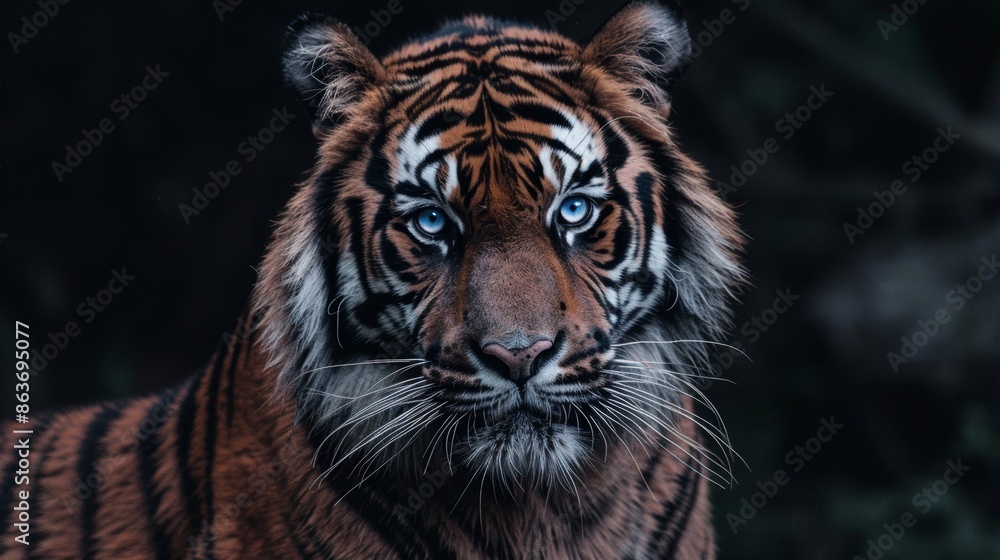 Fototapeta premium Close-up portrait of a tiger with piercing blue eyes. Vibrant orange fur with distinct black stripes. Focused expression conveys power and intensity. Dark background emphasizes the tiger's features. 