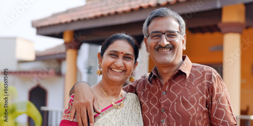 Happy Indian married couple smiling in front of their own home