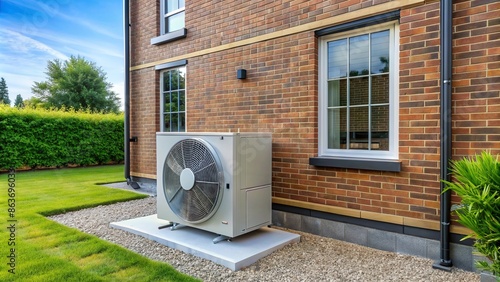 Air source heat pump installation outside a newly built residential home, residential, house © mahat