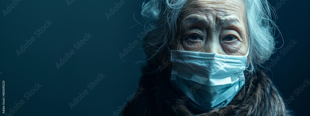 An old woman in a face mask and fur coat gazes into the camera, expressing worry An old woman in a face mask and fur coat gazes into the camera, expressing worry
