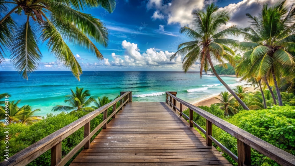 Serene and isolated, weathered wooden decking stretches towards turquoise ocean waves, with lush greenery and distant palm trees framing the tranquil seaside escape. Serene and isolated, weathered wooden decking stretches towards turquoise ocean waves, with lush greenery and distant palm trees framing the tranquil seaside escape.