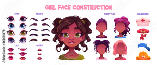 African girl face construction set isolated on white background. Vector cartoon illustration of female teenager avatar kit, young woman head, color eyes, eyebrows, lips, noses, hairstyles, hats