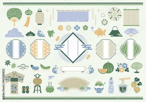 和柄フレームと和風の夏のべクターイラストセット