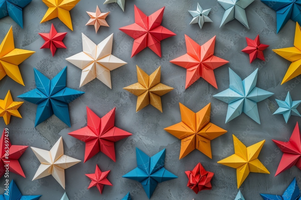 Pattern of multi-colored Christmas stars made of paper using the origami technique. Bright paper toys for the Christmas tree. Cover concept for notebooks or postcards. Pattern of multi-colored Christmas stars made of paper using the origami technique. Bright paper toys for the Christmas tree. Cover concept for notebooks or postcards.
