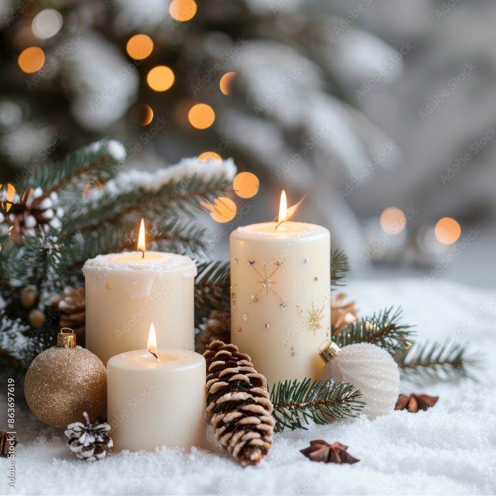 Christmas white candles on a white background with Christmas tree branches, balls and pine cones. New Year's card with a garland and space for text. Cozy orange candle flames. Christmas white candles on a white background with Christmas tree branches, balls and pine cones. New Year's card with a garland and space for text. Cozy orange candle flames.