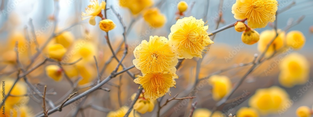 A tree bears numerous yellow blossoms; backdrop softly blurred A tree bears numerous yellow blossoms; backdrop softly blurred