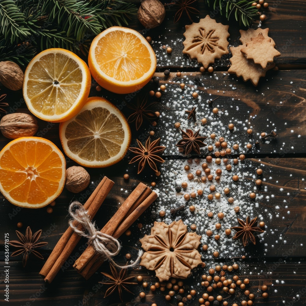Christmas mulled wine set made from orange, cloves, anise, cinnamon, various spices and berries. Christmas card with fir branches on a wooden background with space for text. Christmas mulled wine set made from orange, cloves, anise, cinnamon, various spices and berries. Christmas card with fir branches on a wooden background with space for text.