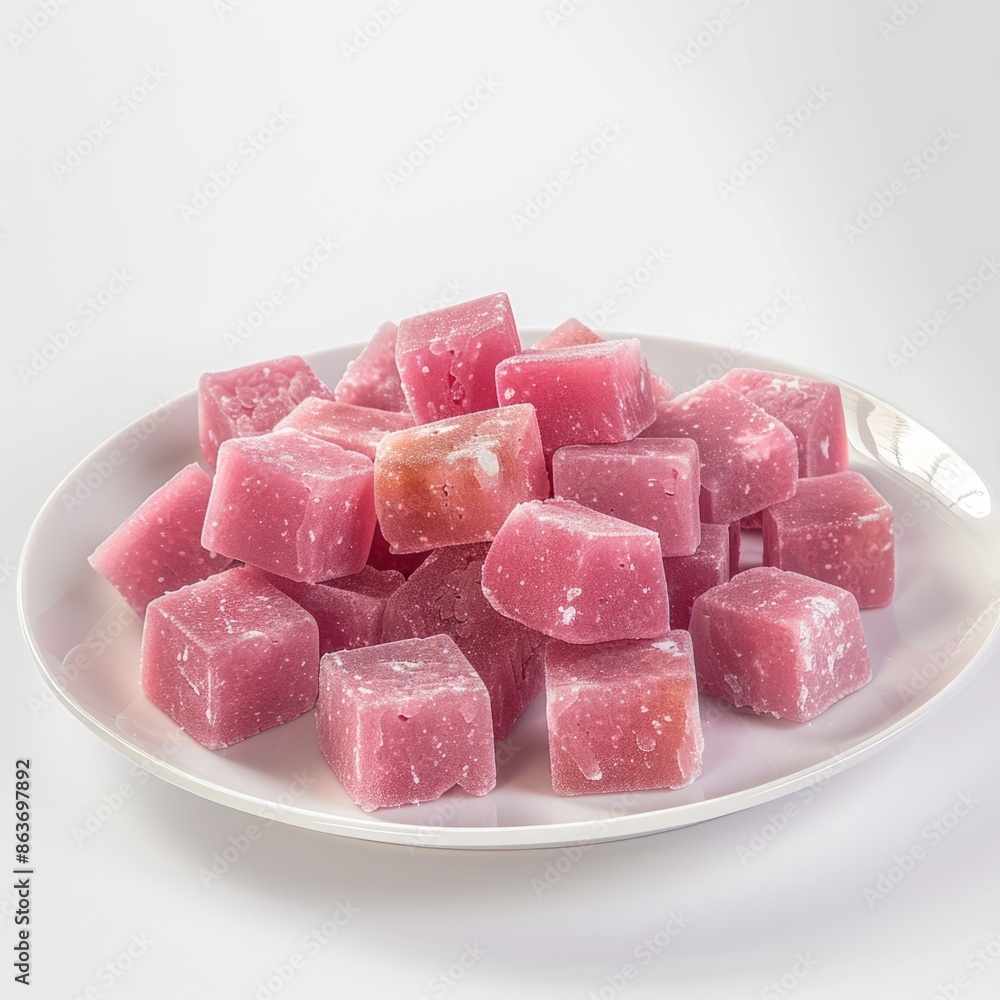 a white plate of candy squares on a white background a white plate of candy squares on a white background