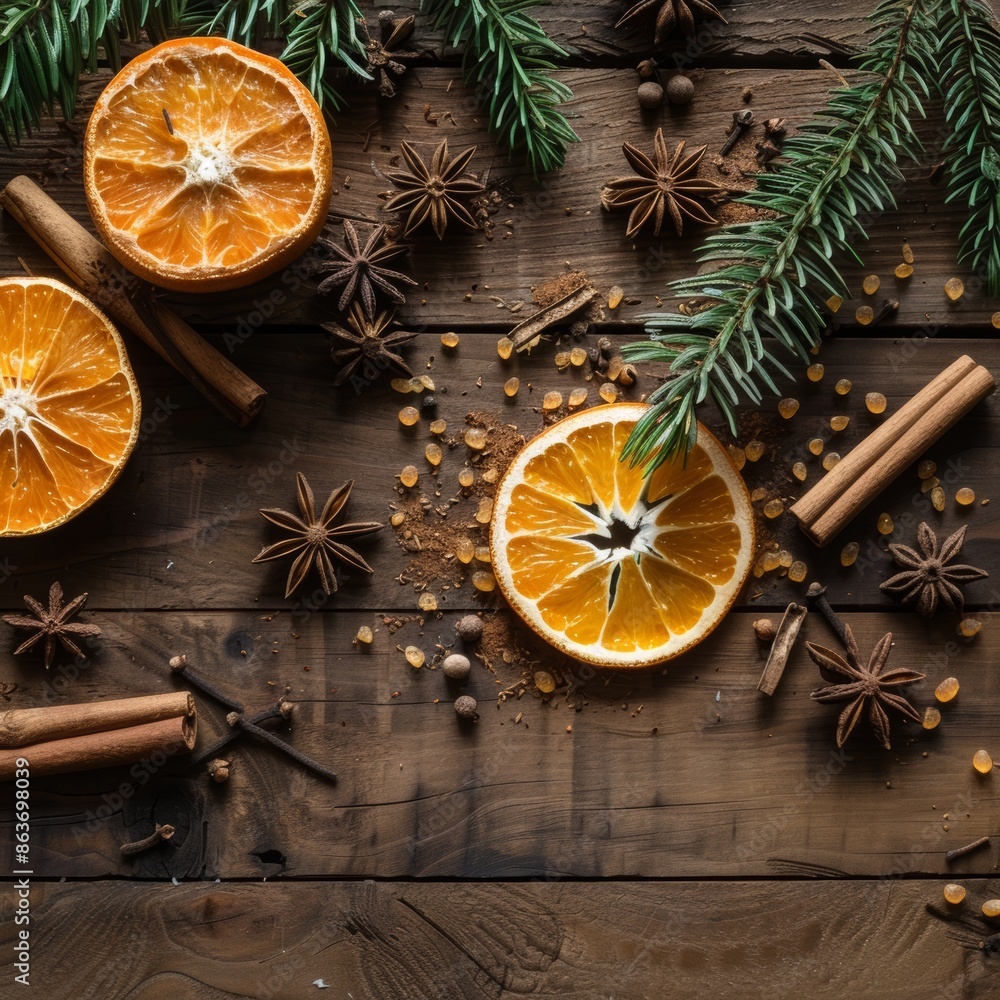 Christmas mulled wine set made from orange, cloves, anise, cinnamon, various spices and berries. Christmas card with fir branches on a wooden background with space for text. Christmas mulled wine set made from orange, cloves, anise, cinnamon, various spices and berries. Christmas card with fir branches on a wooden background with space for text.