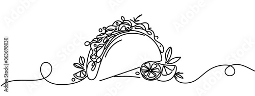 One continuous single line of taco hand drawn isolated on white background. Mexican food tacos vector illustration.