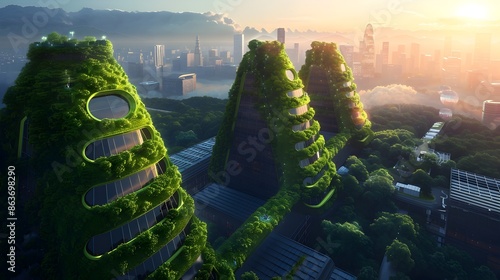 Futuristic Eco-Friendly Cityscape with Sustainable Skyscrapers and Green Public Spaces