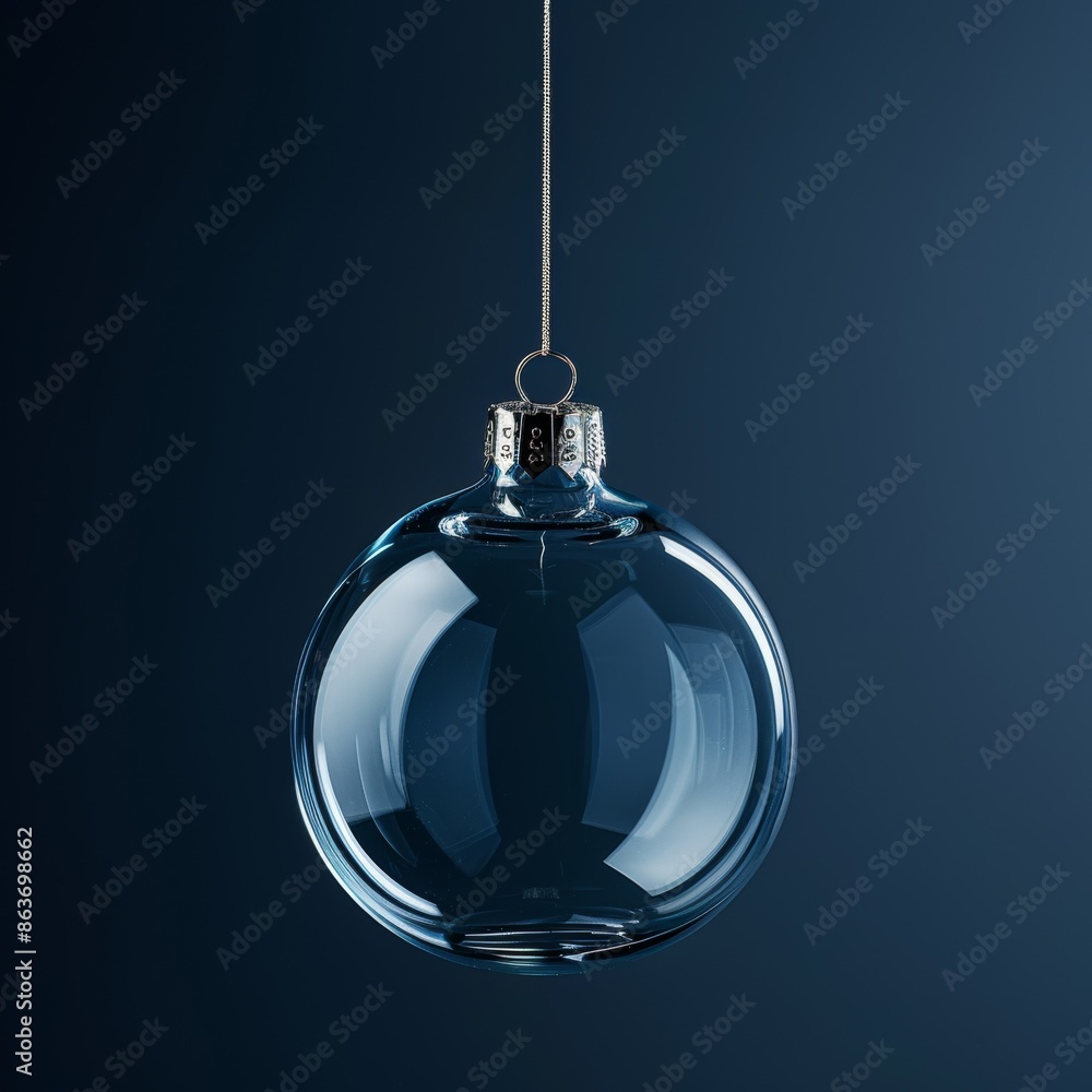 A transparent glass Christmas ball hangs on a fir branch on a blue background. Postcard or advertisement for a winter decor store. Space for text. A transparent glass Christmas ball hangs on a fir branch on a blue background. Postcard or advertisement for a winter decor store. Space for text.