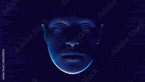AI. Artificial Intelligence Concept. Blue Abstract Digital Cyberpunk Human Face. Robotics Concept. Science Fiction Cyberpunk Vector Illustration. Anonymous Hacker Face Digital Collage.