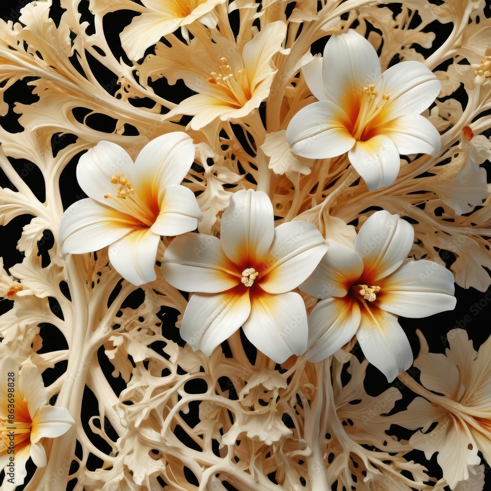 Fototapeta premium White Flowers on a Carved Wooden Background.