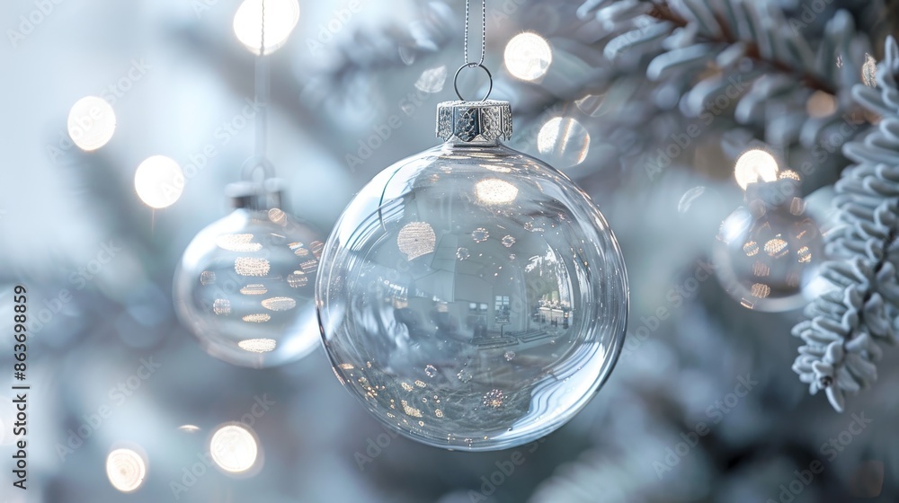 A transparent glass Christmas ball hangs on a fir branch on a white background. Postcard or advertisement for a winter decor store. Space for text. A transparent glass Christmas ball hangs on a fir branch on a white background. Postcard or advertisement for a winter decor store. Space for text.