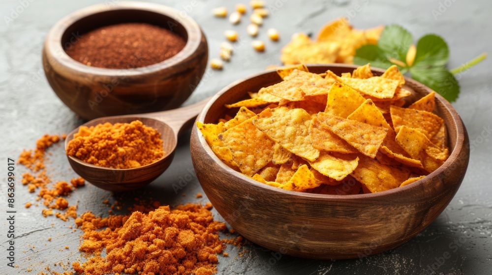 Crispy nachos with savory spices in wooden bowls Crispy nachos with savory spices in wooden bowls