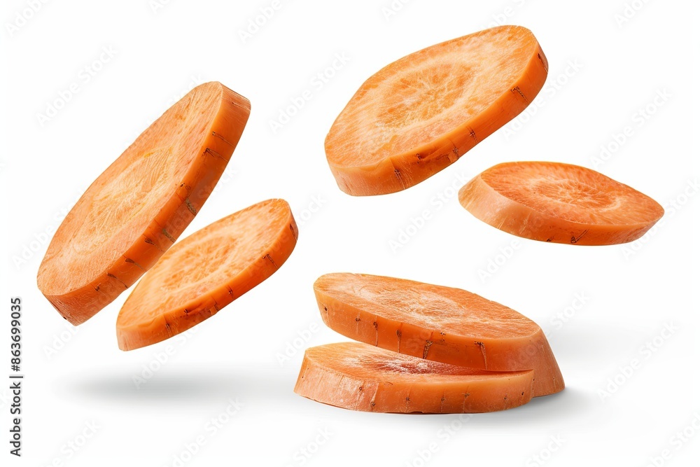 floating slices of carrot isolate on White Background floating slices of carrot isolate on White Background