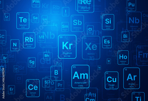 Random Periodical Chemical Elements Background. Blue Education Science Chemistry Physics Backdrop. Vector Illustration.