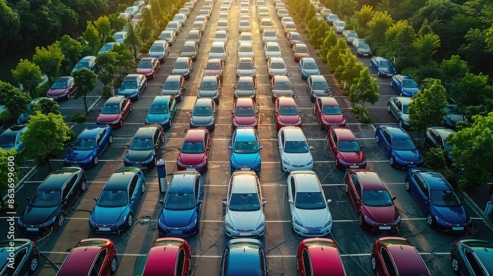 Fototapeta premium Aerial view of a large parking lot filled with parked cars under sunlight, surrounded by green trees, creating a modern urban setting.