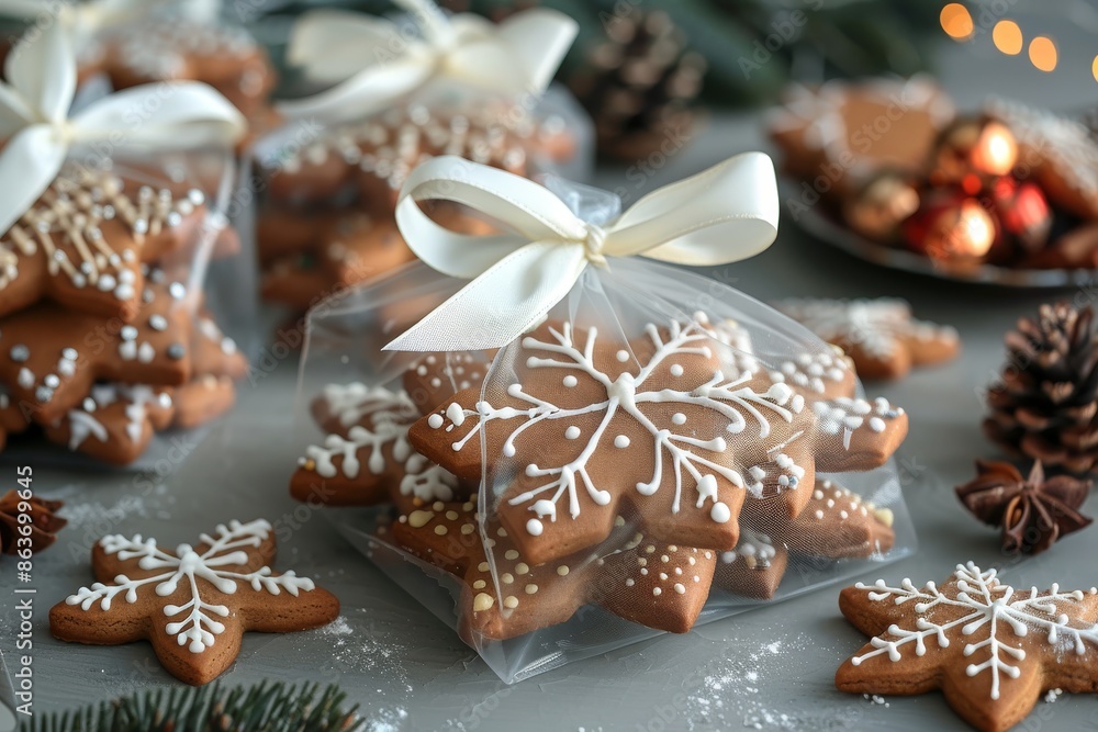 Scandinavian Christmas gingerbread cookies with white icing in the shape of snowflakes and balls in a transparent bag. Advertising for Christmas and New Year's baked goods. Card for family or New Year Scandinavian Christmas gingerbread cookies with white icing in the shape of snowflakes and balls in a transparent bag. Advertising for Christmas and New Year's baked goods. Card for family or New Year
