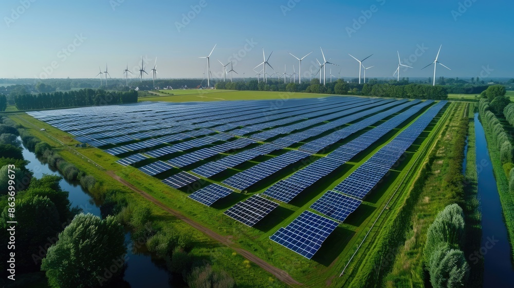 Aerial view of a large solar farm with wind turbines in the background ...
