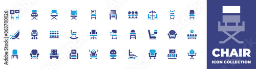 Chair icon collection. Duotone color. Vector and transparent illustration. Containing beachchair, rockingchair, officechair, highchair, directorchair, chair, interview, seats. photo