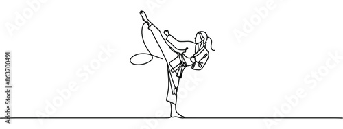 Single continuous line drawing young cute taekwondo woman doing kick pose in fight uniform with belt exercising martial art at gym