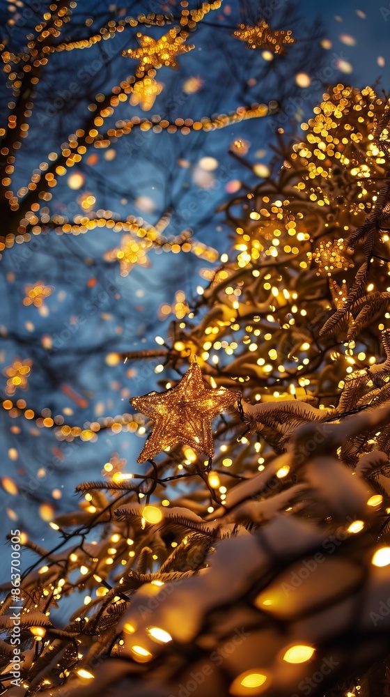 Bright yellow garland on a Christmas tree with bokeh effect. Christmas card or desktop wallpaper. New Year's fairy tale. Space for text. Bright yellow garland on a Christmas tree with bokeh effect. Christmas card or desktop wallpaper. New Year's fairy tale. Space for text.