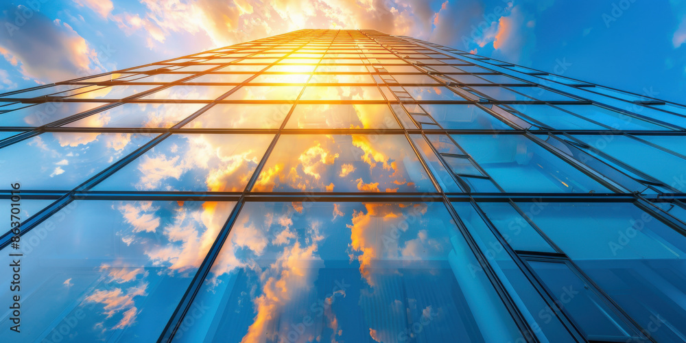 A modern glass skyscraper reflecting a vibrant sunset sky, symbolizing contemporary architecture and urban development. A modern glass skyscraper reflecting a vibrant sunset sky, symbolizing contemporary architecture and urban development.