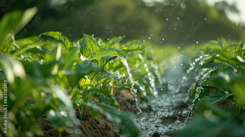 Close up of a green crop field being irrigated at sunrise, with water droplets sparkling in the morning light. Close up of a green crop field being irrigated at sunrise, with water droplets sparkling in the morning light.