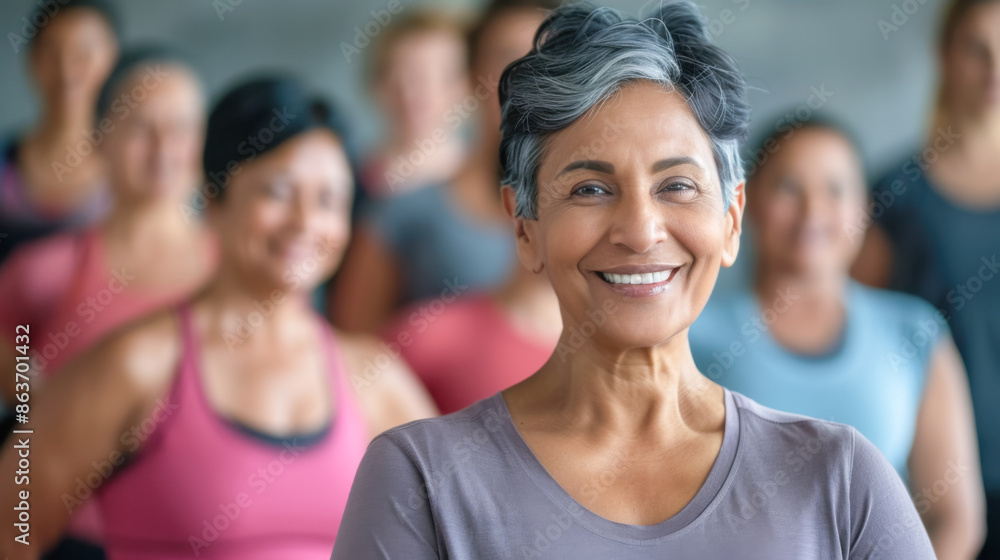 Smiling Indian adult female trainer stands against the background of a group of people Smiling Indian adult female trainer stands against the background of a group of people