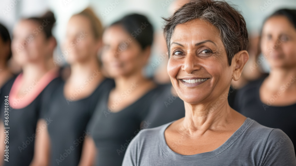 Smiling Indian adult female trainer stands against the background of a group of people Smiling Indian adult female trainer stands against the background of a group of people
